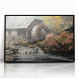 Framed wall art collection showcasing a serene watermill landscape design with acrylic finish, featuring a black frame that enhances the artwork's vibrant colors. Perfect for home decor enthusiasts seeking nature-inspired themes.