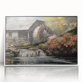 Framed acrylic wall art featuring a serene landscape of watermills, showcasing vibrant colors and intricate details, perfect for enhancing home decor.