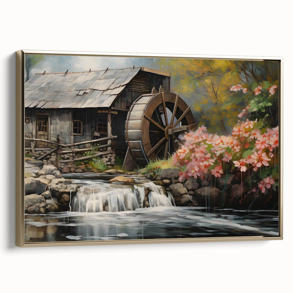 Framed canvas wall art showcasing a serene watermill landscape design with gold accents, elegantly displayed from a side view to highlight its detailed texture and sophisticated finish.