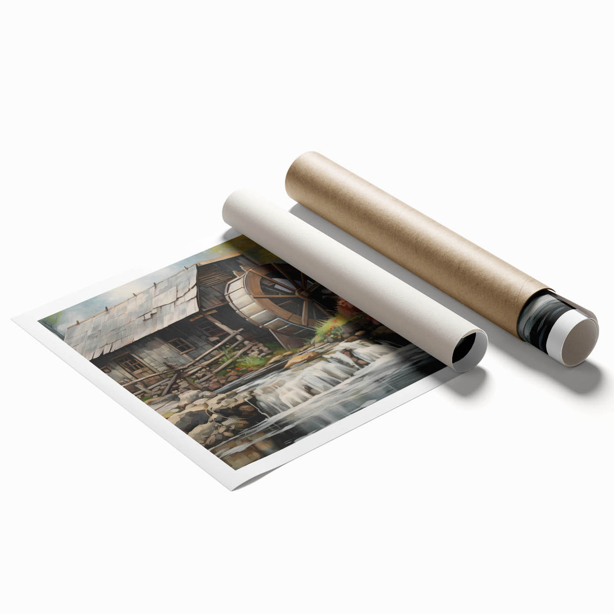 Serene landscape wall art print showcasing a picturesque watermill scene, featuring vibrant colors and intricate details, rolled and ready for display.