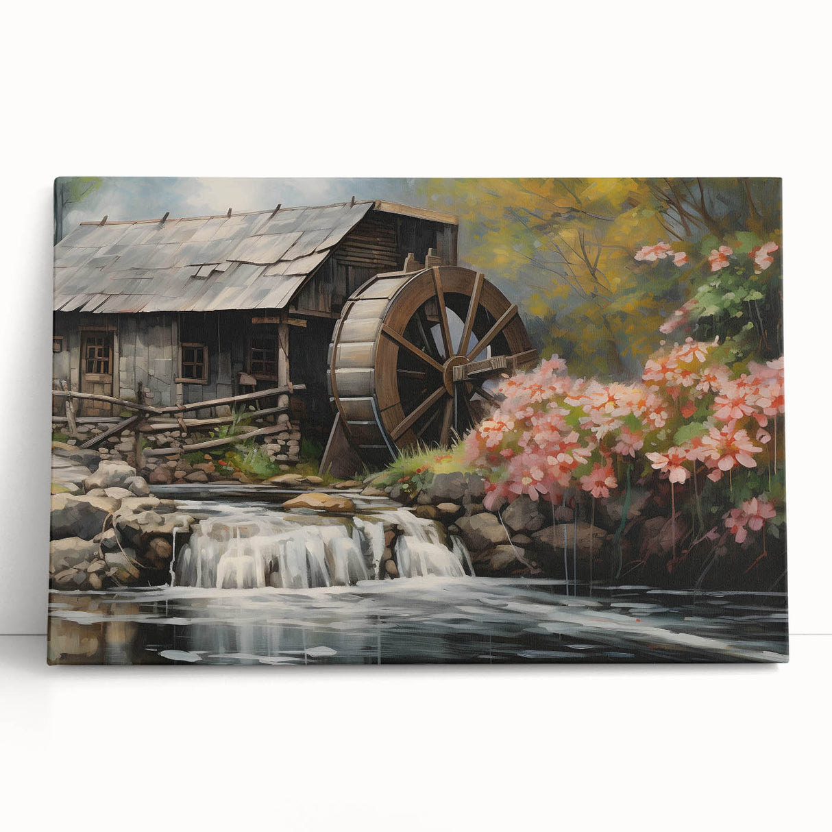 Stretched canvas wall art featuring a serene landscape of a watermill surrounded by lush greenery, showcasing vibrant colors and intricate details, perfect for home decor.