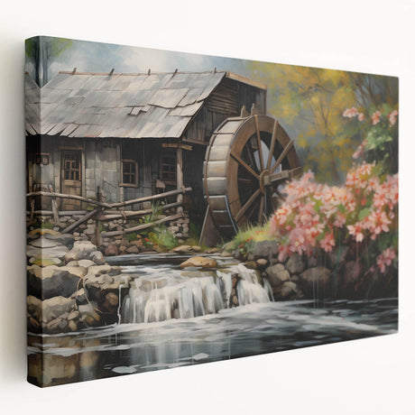 Stretched canvas wall art showcasing a serene watermill landscape design, featuring vibrant colors and intricate details, ideal for enhancing home decor.