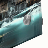 Close-up of a vibrant acrylic glass wall art piece depicting a scenic watermill landscape, showcasing rich colors and intricate details, perfect for home decor.