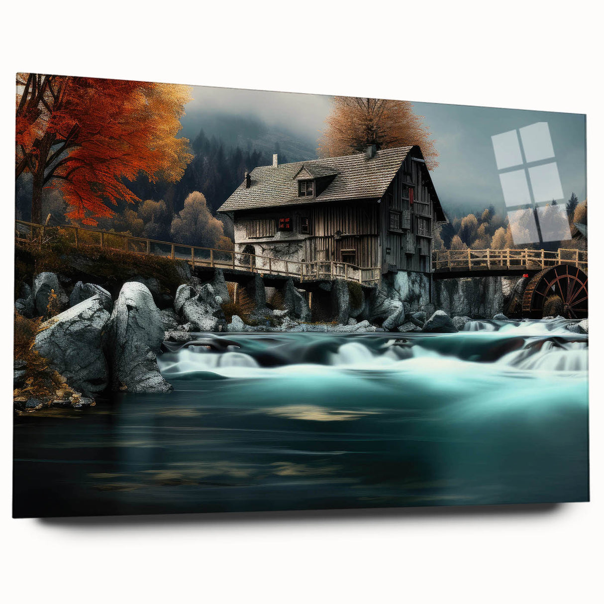 Side view of a modern acrylic wall art piece showcasing a serene watermill landscape, featuring vibrant colors and intricate details, perfect for home decor.
