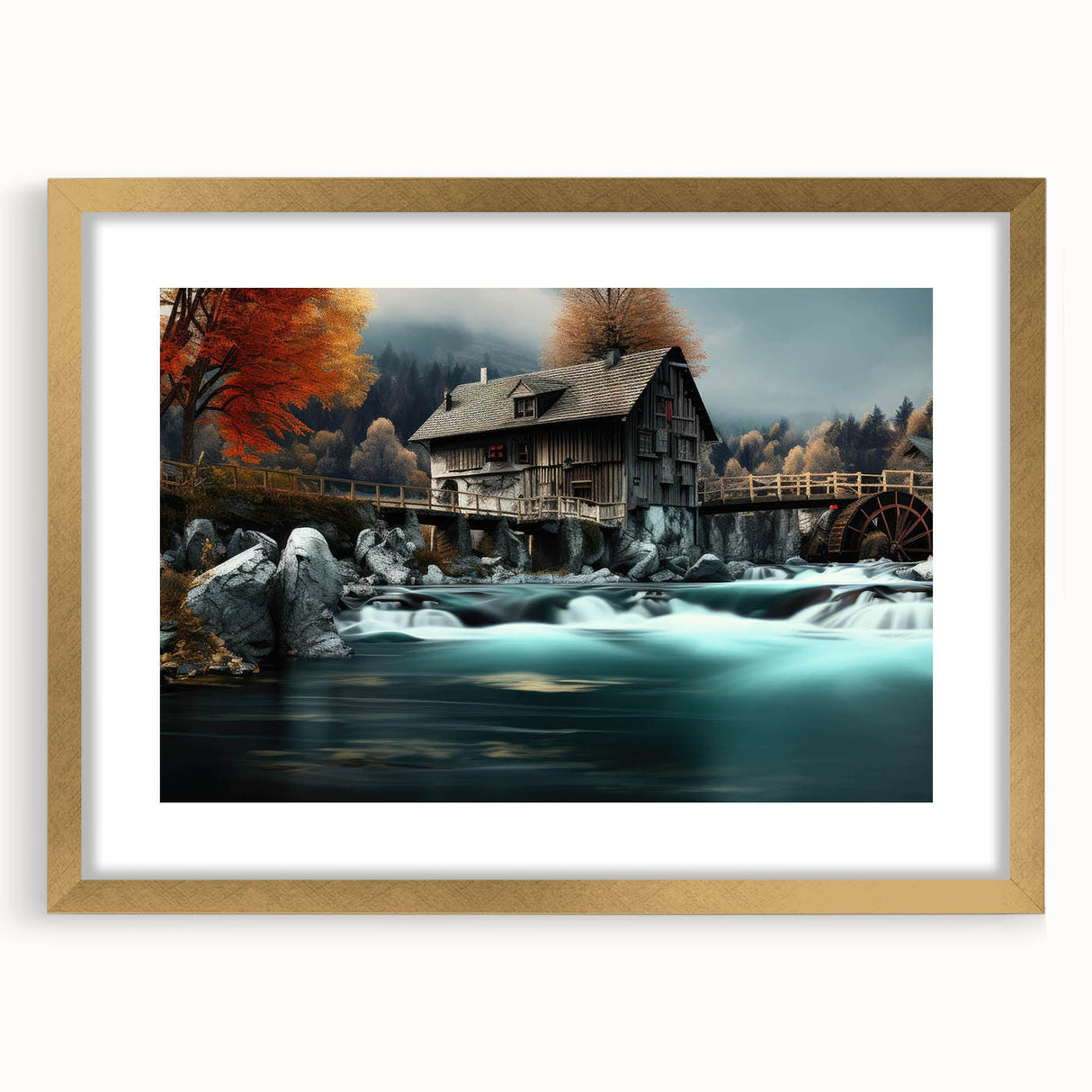 Framed wall art featuring a serene landscape of a watermill, elegantly matted with a gold frame, perfect for enhancing home decor in rustic or contemporary settings.
