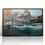 Framed wall art showcasing a serene watermill landscape design, featuring rich colors and intricate details, set against a black frame for a modern touch.