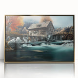 Framed acrylic wall art featuring a serene watermill landscape design with gold accents, ideal for enhancing home decor with a touch of elegance.