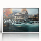 Framed wall art showcasing a serene watermill landscape design, featuring vibrant colors and intricate details, set in a sleek white frame perfect for decor.