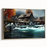 Framed canvas wall art showcasing a serene watermill landscape design, highlighted by a gold frame, perfect for enhancing home decor with nature's tranquility.