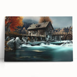 Stretched canvas wall art depicting a serene watermill landscape, showcasing lush greenery and a tranquil river, perfect for enhancing home decor with a touch of nature.