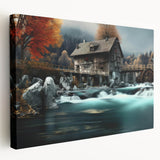 Stretched canvas wall art showcasing a serene landscape with watermills, featuring vibrant colors and intricate details, ideal for home decor enhancement.