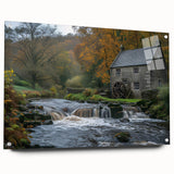 Landscape wall art collection showcasing a watermill design, presented in a sleek acrylic glass frame with pins, featuring vibrant colors and intricate details, ideal for enhancing home decor.
