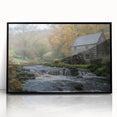 Framed acrylic wall art depicting a serene landscape featuring watermills, designed in a modern style with a sleek black frame, perfect for home decor.