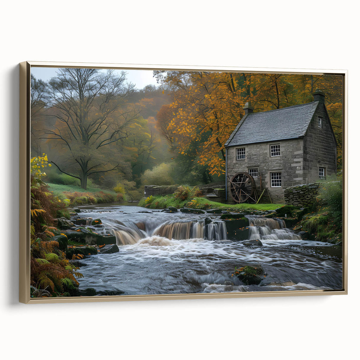Framed canvas wall art showcasing a serene watermill landscape design with gold accents, perfect for enhancing home decor with a touch of elegance.