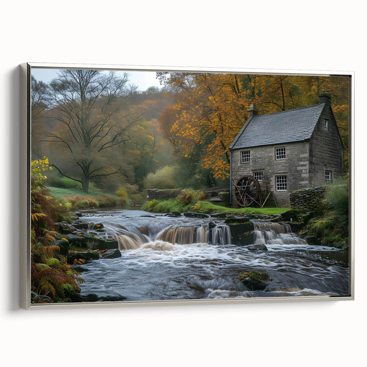 Framed canvas wall art featuring a serene landscape of watermills with silver accents, showcasing intricate details and a calming color palette, perfect for home decor.