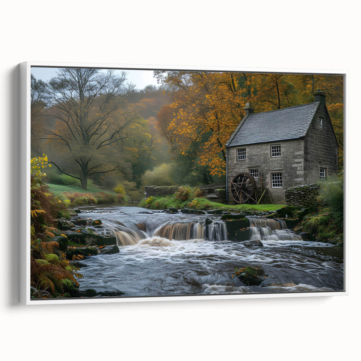 Framed canvas wall art showcasing a serene watermill landscape design, featuring vibrant colors and intricate details, displayed from a white side view. Perfect for home decor.