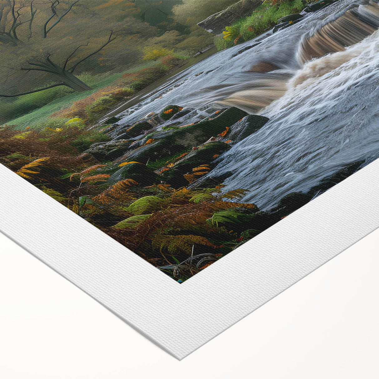 Rolled canvas showcasing a serene landscape of watermills surrounded by lush greenery, perfect for enhancing home decor with natural beauty and tranquility.