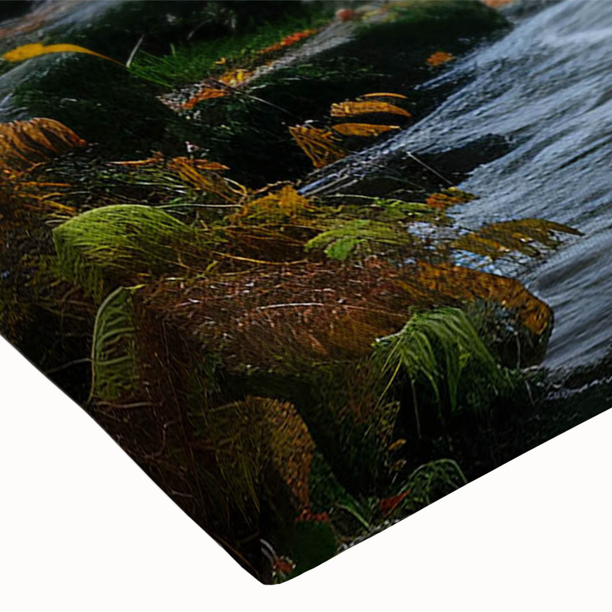 Close-up of a vibrant stretched canvas wall art piece showcasing a serene watermill landscape design, featuring rich greens and blues that evoke tranquility, perfect for home decor.