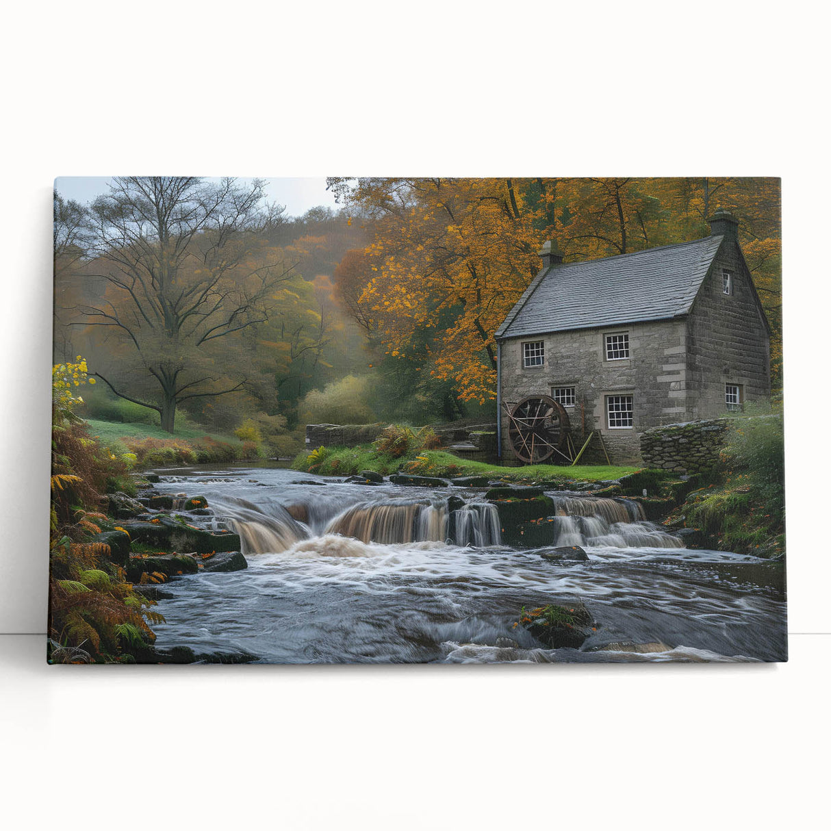 Stretched canvas wall art featuring a serene landscape of a watermill surrounded by lush greenery, ideal for home decor and creating a tranquil atmosphere.