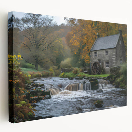 Stretched canvas wall art showcasing a serene watermill landscape design with vibrant greens and blues, perfect for enhancing home decor with nature-inspired elegance.
