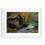 Framed wall art collection featuring serene landscapes and watermills, presented in a stylish white frame with a mat, ideal for home decor enhancement.