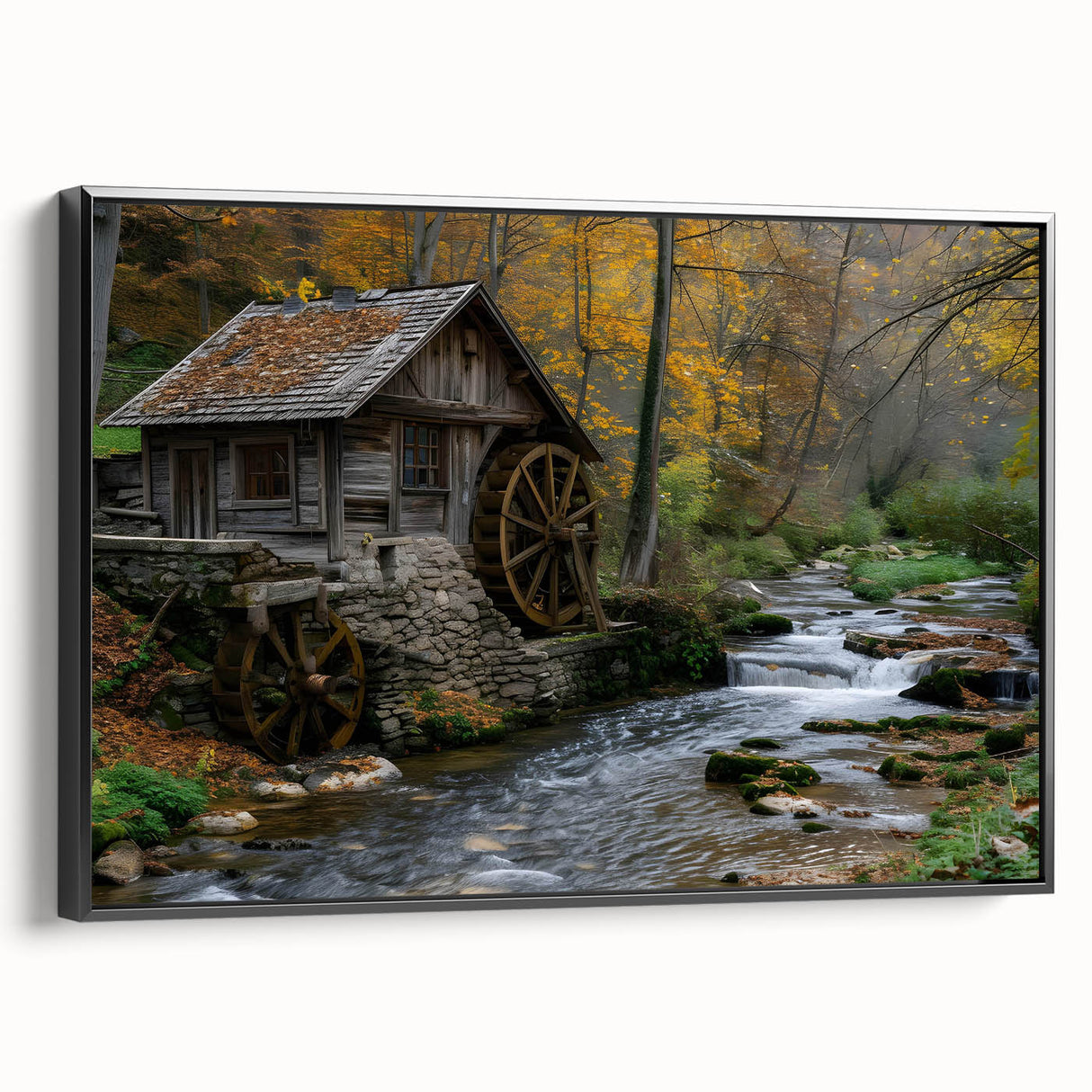 Framed canvas wall art showcasing a serene watermill landscape design, featuring rich colors and intricate details, displayed from a side view against a neutral background. This piece adds a tranquil ambiance to home decor, perfect for nature lovers.
