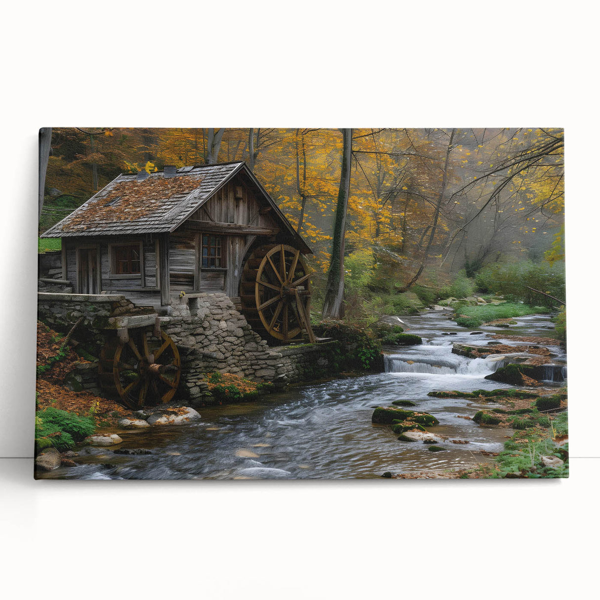 Stretched canvas wall art collection featuring a serene watermill landscape design, showcasing vibrant colors and intricate details, ideal for home decor.