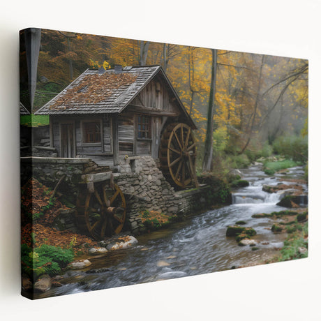 Stretched canvas wall art featuring a serene watermill landscape design with vibrant greens and blues, perfect for home decor and enhancing indoor spaces.
