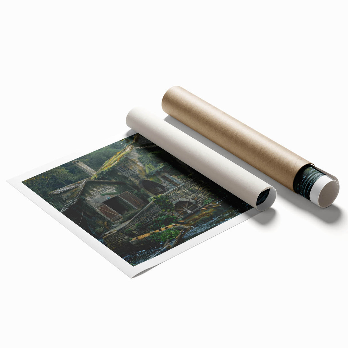 Rolled print of a serene landscape featuring a picturesque watermill surrounded by lush greenery and vibrant flowers, ideal for home decor.