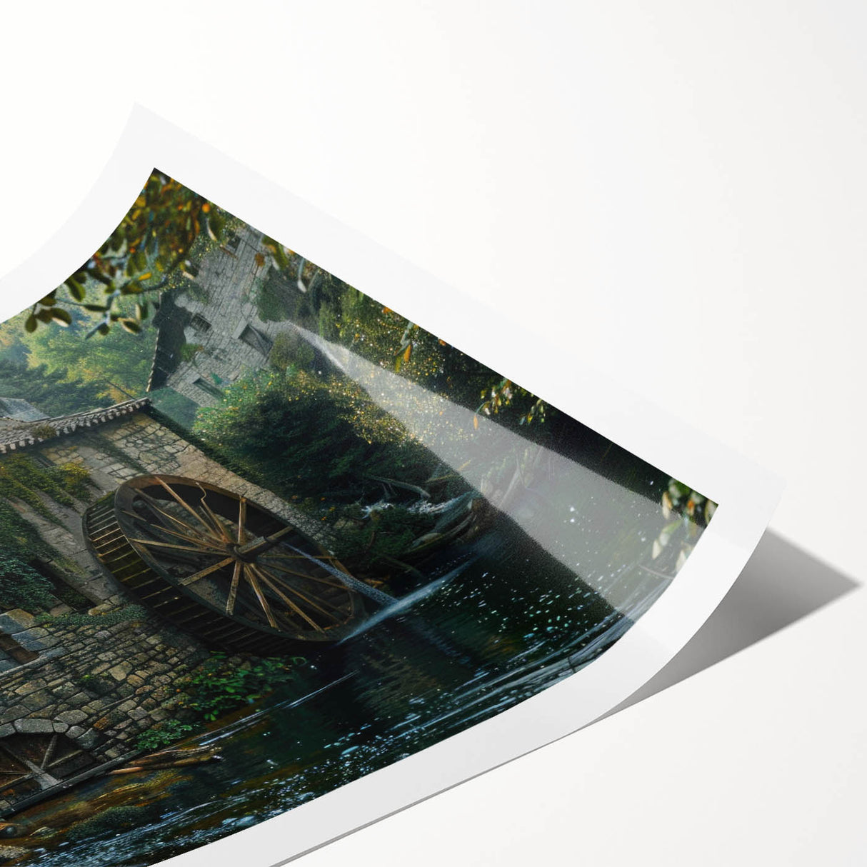 Rolled print of a serene watermill landscape design showcasing tranquil blues and greens, ideal for home decor, beautifully packaged for protection.