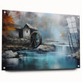 Acrylic glass wall art design showcasing a vibrant watermill landscape, featuring intricate details and a side view with visible mounting pins, perfect for home decor.