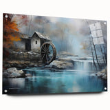 Acrylic glass wall art design showcasing a vibrant watermill landscape, featuring intricate details and a side view with visible mounting pins, perfect for home decor.