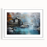 Framed landscape wall art collection featuring serene watermill scenes, with a white mat and decorative frame, perfect for enhancing home decor aesthetics.
