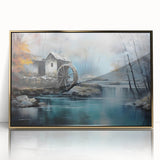 Framed acrylic wall art featuring a serene watermill landscape design with gold accents, ideal for enhancing home decor and adding a touch of elegance.