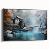 Framed black canvas wall art depicting serene watermill landscapes, showcasing intricate details and rich colors, ideal for enhancing home decor.