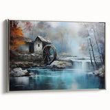 Framed canvas wall art showcasing a serene watermill landscape design with silver accents, perfect for enhancing home decor. The piece captures tranquil nature elements, ideal for creating a calming atmosphere.