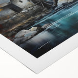 Rolled canvas artwork showcasing a serene landscape with a picturesque watermill surrounded by lush greenery, perfect for enhancing home decor.