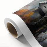 Rolled canvas artwork depicting a serene watermill landscape with vibrant colors, ideal for home decor, elegantly packaged in protective cardboard.