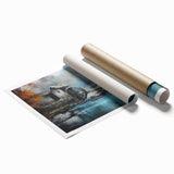 Rolled print of a serene landscape featuring watermills amidst lush greenery, showcasing vibrant colors and intricate details, perfect for home decor.