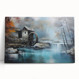 Stretched canvas wall art showcasing a serene landscape design with watermills, featuring soft blue and green hues, ideal for home decor and aesthetic enhancement.