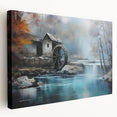 Stretched canvas wall art showcasing a serene watermill landscape design, featuring soft blues and greens, perfect for home decor. Ideal for nature lovers.
