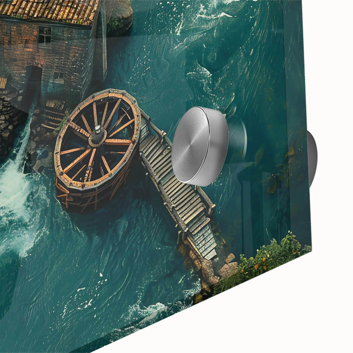 Close-up of a vibrant acrylic glass wall art piece featuring a serene landscape with watermills, showcasing rich colors and intricate details that enhance any decor. This design is perfect for nature lovers and adds elegance to living spaces.