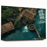 Acrylic glass wall art collection showcasing a serene landscape of a watermill surrounded by lush greenery, displayed from a side view, highlighting its vibrant colors and contemporary design. Perfect for enhancing home decor with a nature-inspired theme.