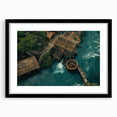 Framed wall art collection featuring serene landscapes and watermills, presented in a sleek black frame with a mat, ideal for enhancing home decor.