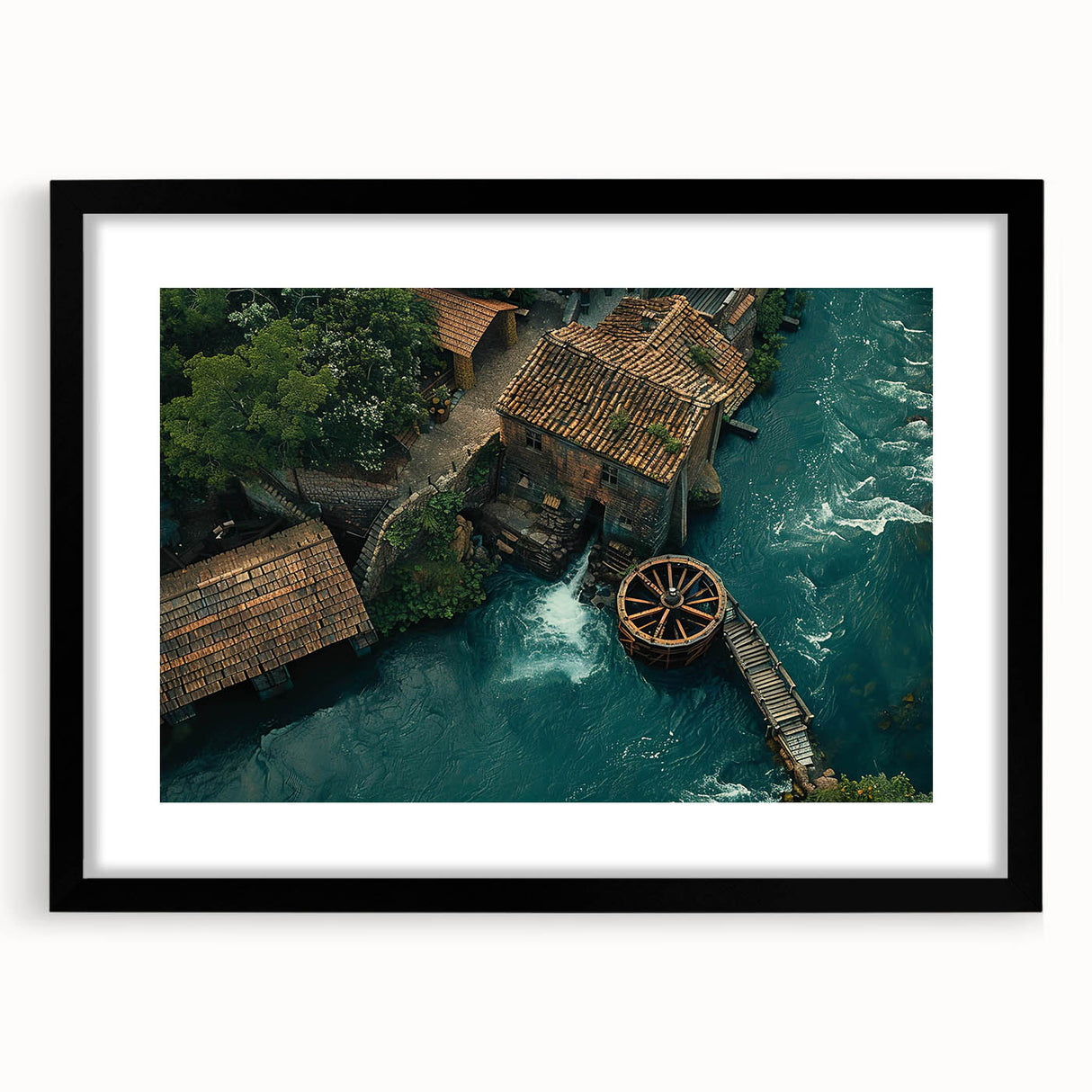 Framed wall art collection featuring serene landscapes and watermills, presented in a sleek black frame with a mat, ideal for enhancing home decor.