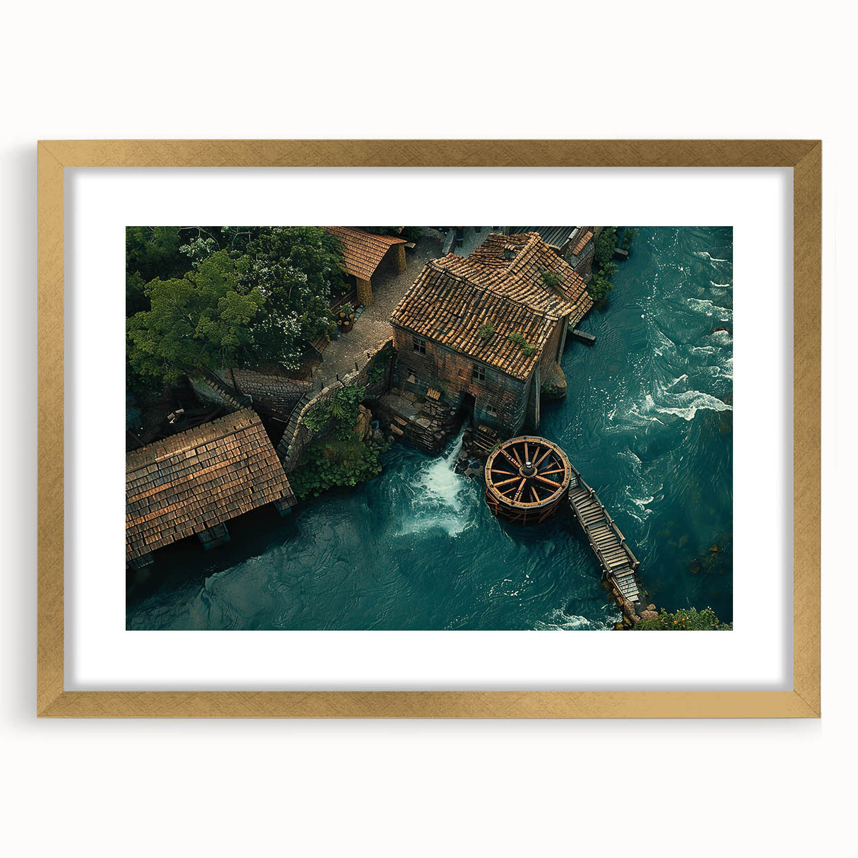 Framed wall art collection featuring elegant landscapes and watermills, with a gold mat and frame, enhancing any decor with sophistication and charm.