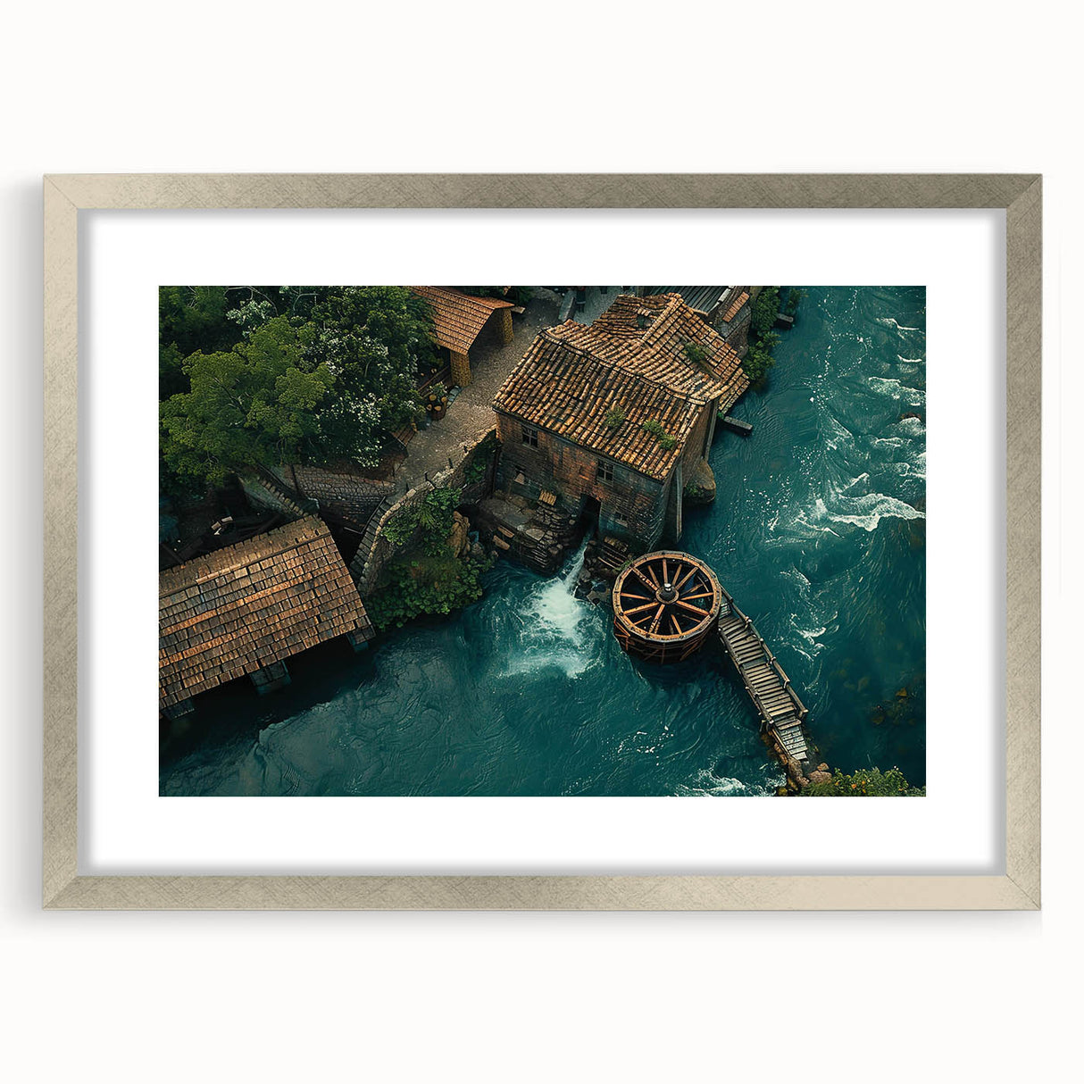 Framed wall art collection featuring serene landscapes and watermills, showcased in a sleek silver frame with a mat, perfect for enhancing home decor.