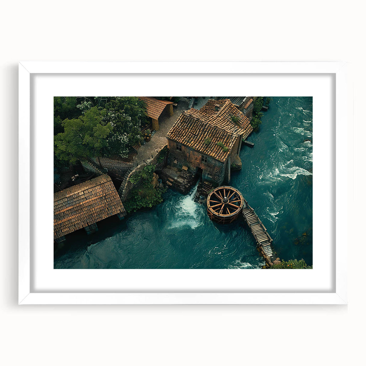 Framed wall art collection featuring serene watermill landscapes, showcasing a white mat and sleek frame design, perfect for enhancing home decor.