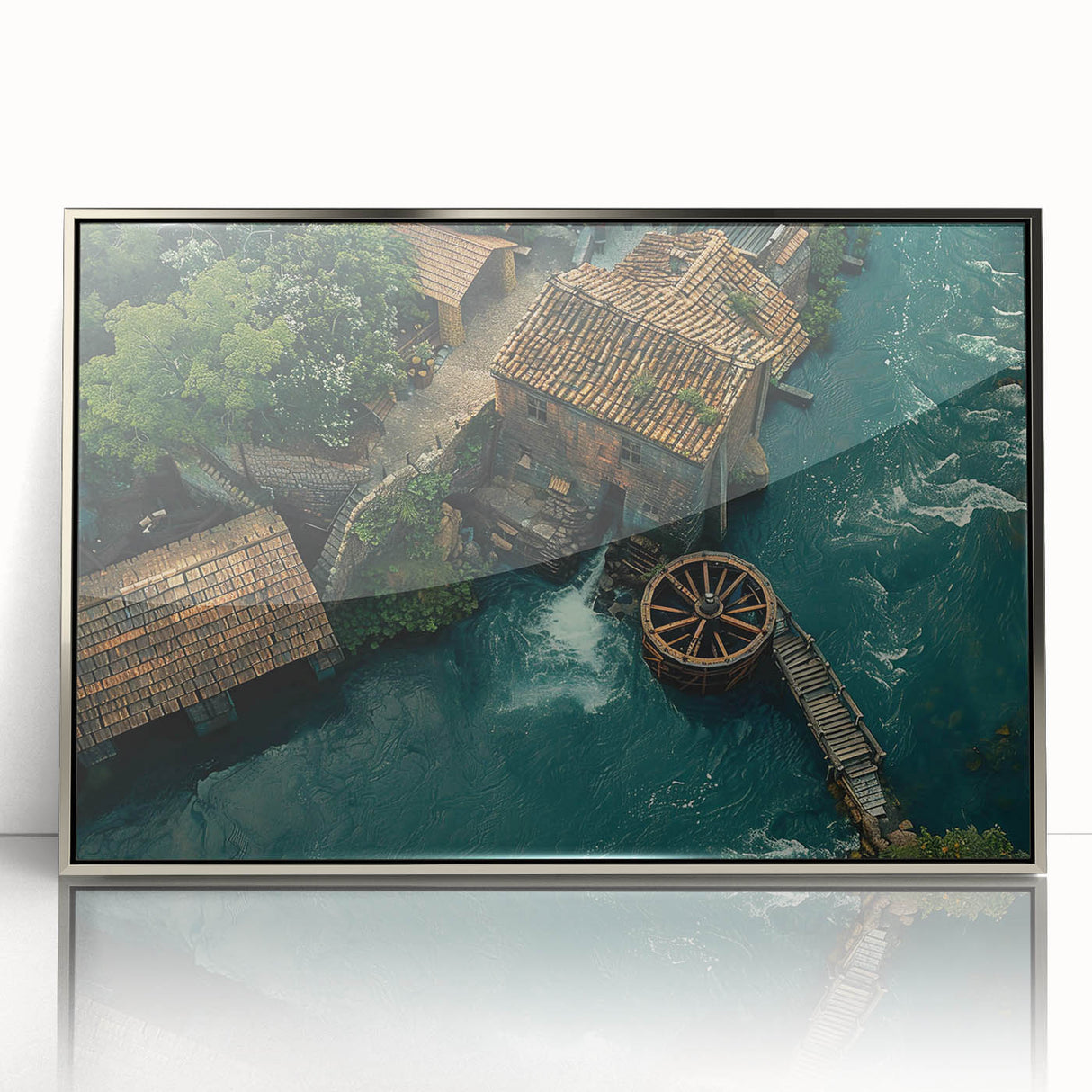 Framed wall art collection showcasing a serene watermill landscape design with silver accents, perfect for enhancing modern home decor and creating a calming atmosphere.