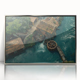 Framed wall art collection showcasing a serene watermill landscape design with silver accents, perfect for enhancing modern home decor and creating a calming atmosphere.